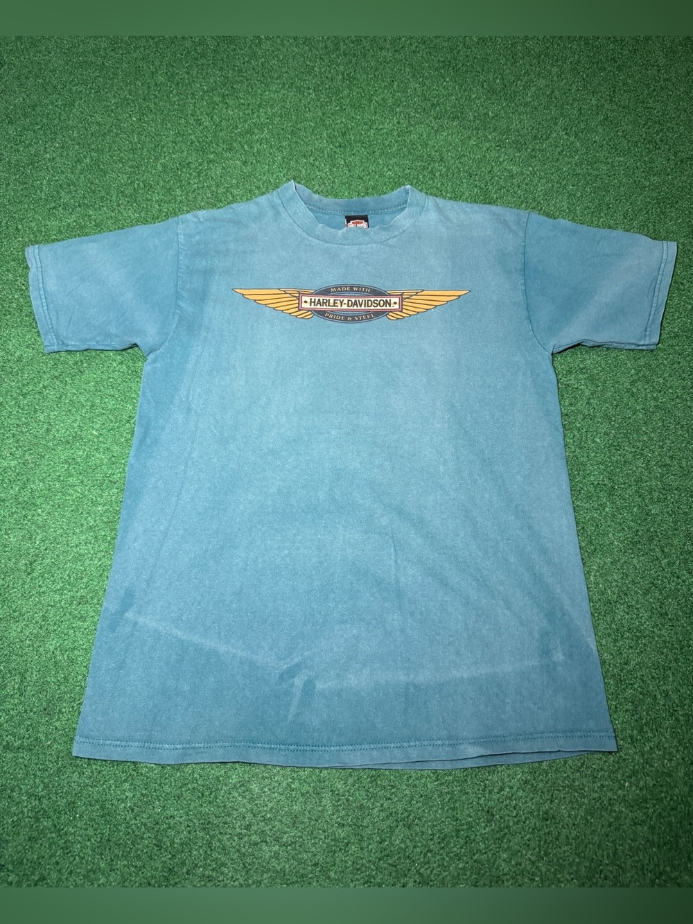 Harley Davidson Vintage T Shirt Teal 90s Retro Biker Shirt Gold Winged Virginia